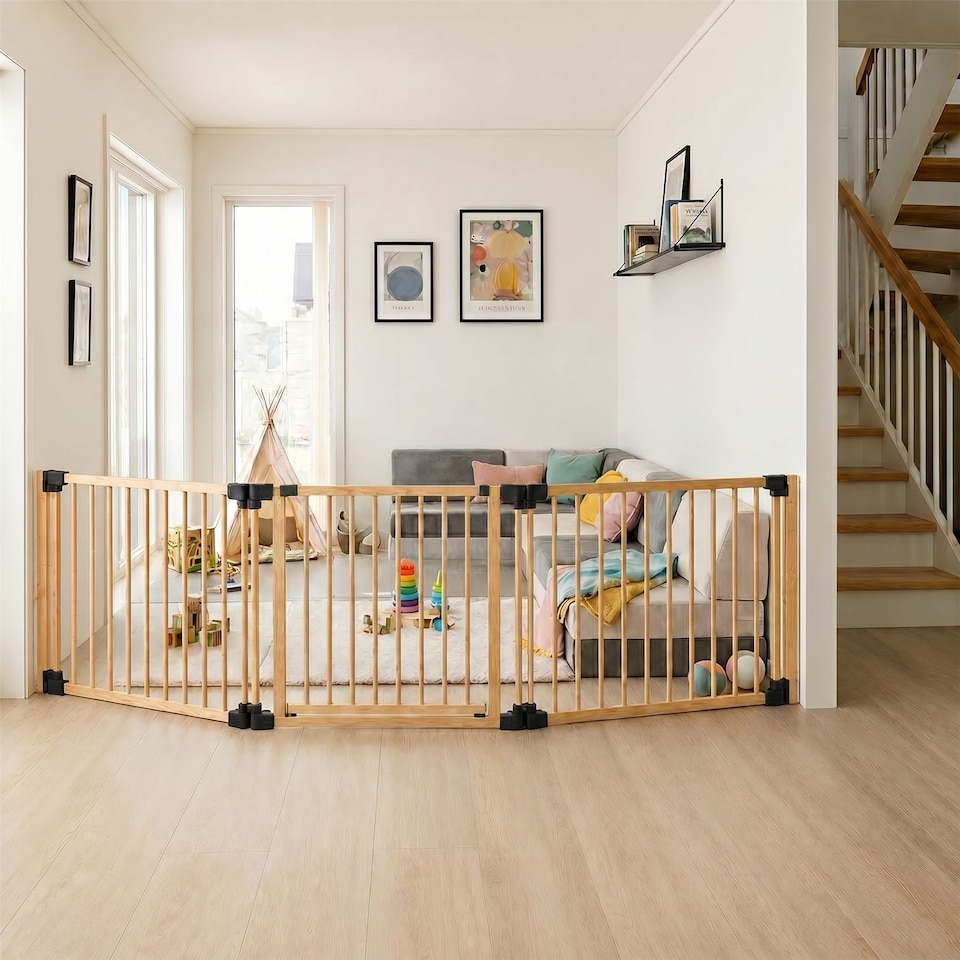 image 1 of Safetots Wooden Multi Panel Room Divider, up to 96cm, Natural Wood, 76cm Tall, Flexible Room Divider for Baby and Toddler | Cream | Natural