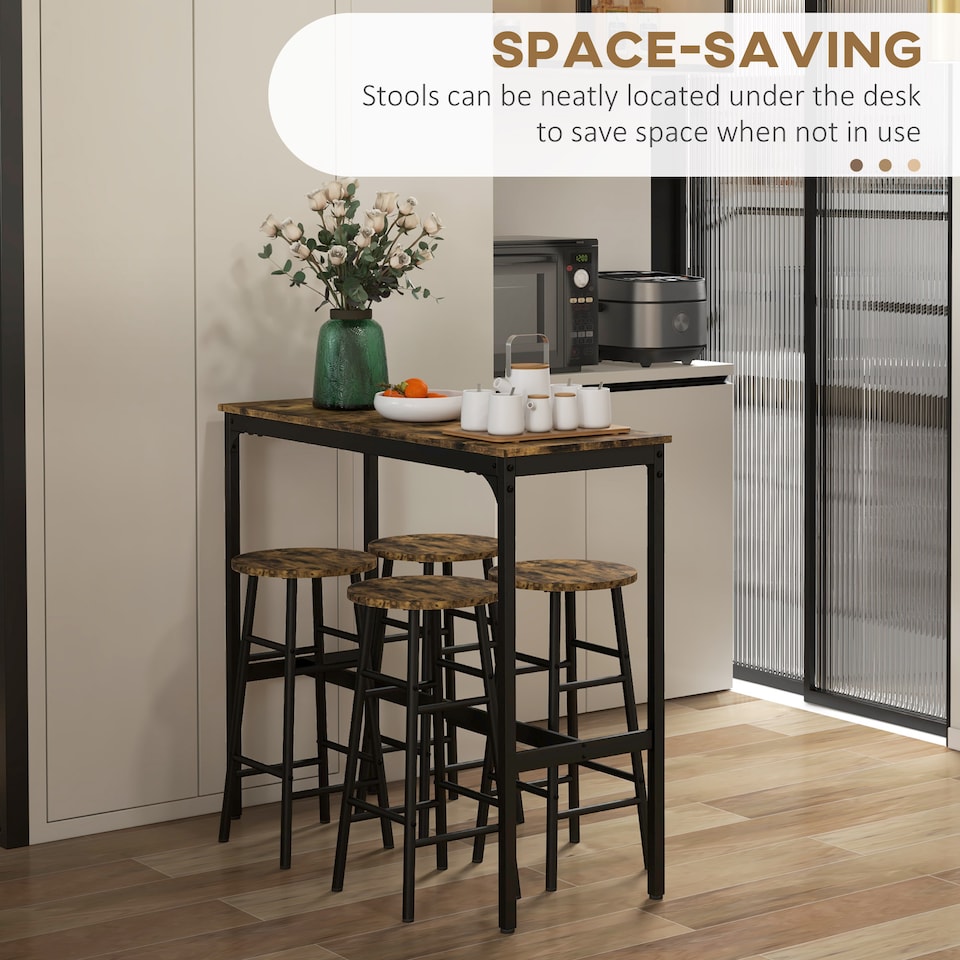 image 1 of HOMCOM 5 Piece Bar Table Set with 4 Stools, Industrial Bar Table and Stool Set, Dining Table and Chair Set for Small Space, Rustic Brown