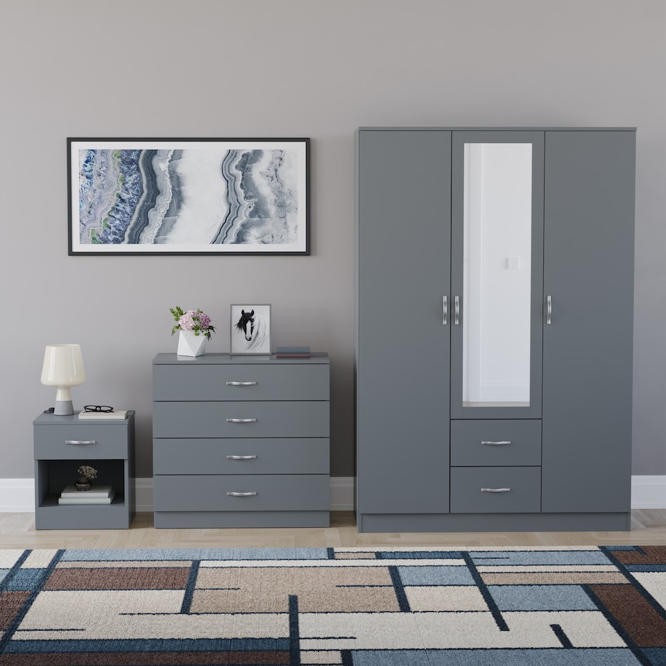 image 1 of Vida Designs Riano 3 Piece Bedroom Set (1 Drawer Bedside Chest, 4 Drawer Chest, 3 Door 2 Drawer Mirrored Wardrobe), Grey (5)