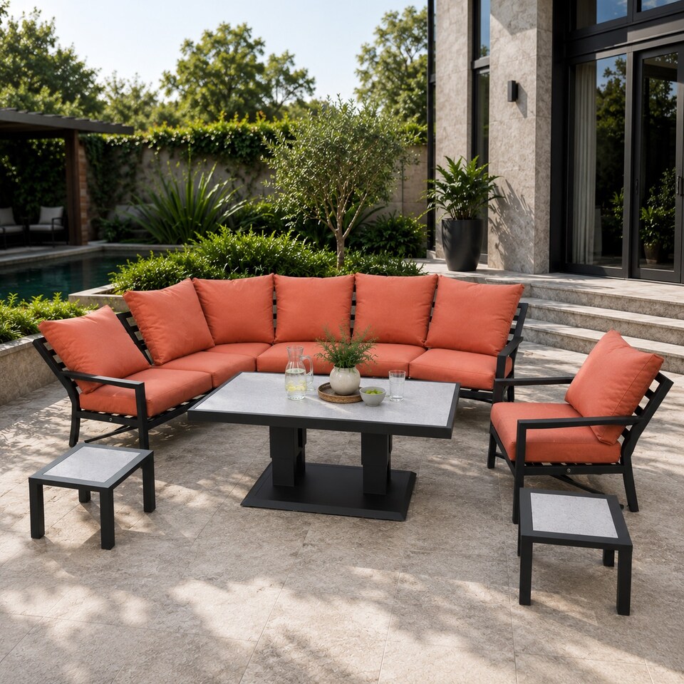 image 1 of Monte Carlo 7 Seater Aluminium Reclining Corner Garden Sofa Set with Gas Lift Table & Terracotta Cushions