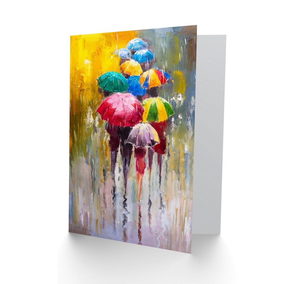 image 1 of Colourful Umbrellas In The Rain Abstract Oil Painting Greeting Card
