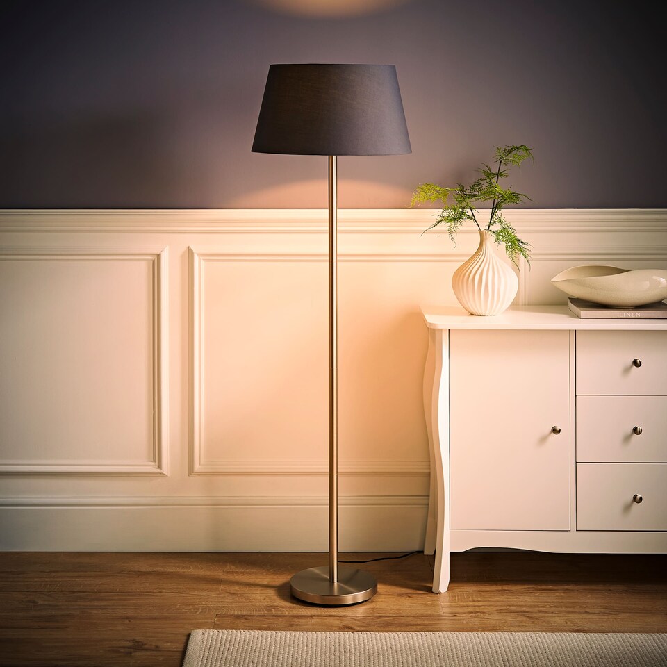 image 1 of ValueLights Charlie Chrome Floor Lamp Grey Taper Shade
