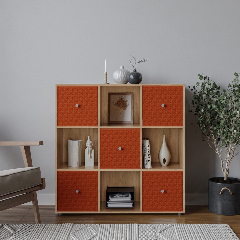 image 1 of 9 Cube Wooden Bookcase Shelving Unit with 5 Collapsible Fabric Drawers | Multi | Oak & Orange | 1