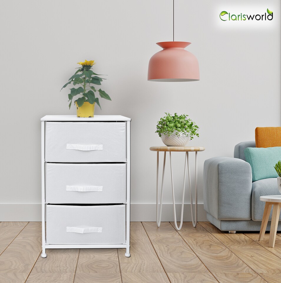 image 1 of Clarisworld 3 Drawer Storage Tower Dresser with Wood Top, Sturdy Steel Frame & Laminated Fabric Drawers, Storage Organiser Unit for Bedroom, Hallway, Entryway, Closet & Office