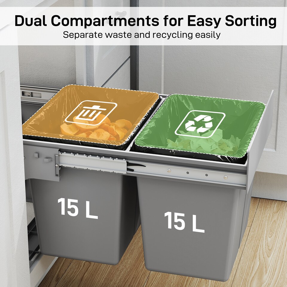 image 1 of HOMCOM 30L Pull Out Bin - 2 Compartments (15L Each), Soft Close Under Sink Bin with Removable Buckets for 400mm Cabinets, Kitchen Waste and Recycling, Base Mounted, Light Grey