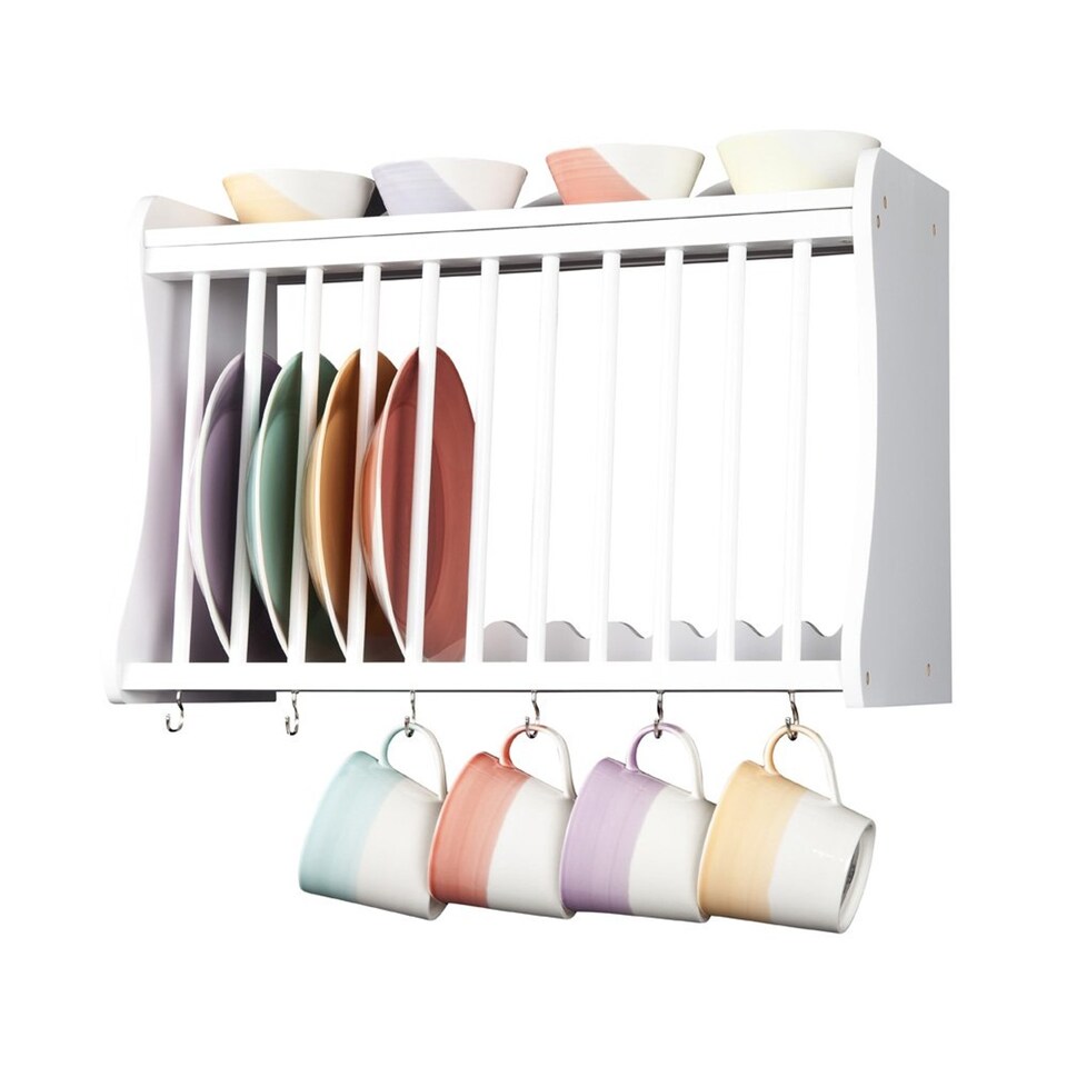 image 1 of Minack White Wooden Kitchen Plate Rack, Shelf, Hooks, Wall mounted, Freestanding | White