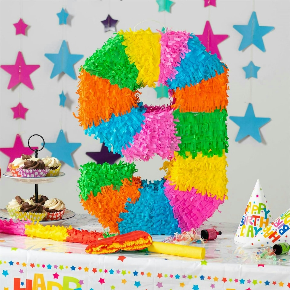 image 1 of Fax Potato Number 9 Pinata Set with Stick & Blindfold - Blue Stick
