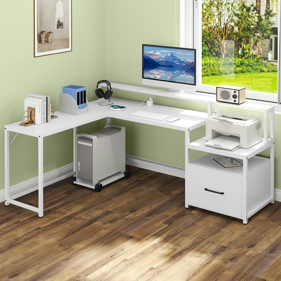 image 1 of COSTWAY L-shaped Desk Home Office Desk with File Drawer White