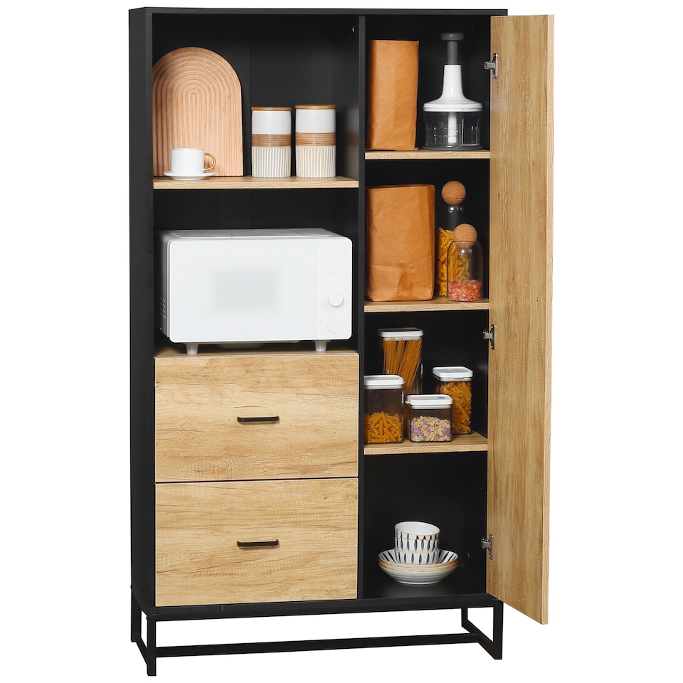 image 1 of HOMCOM 160cm Tall Kitchen Cupboard, Kitchen Pantry Sideboard with 2 Open Shelves, 2 Drawers, Adjustable Shelves and Soft Close Door, Storage Cabinet for Living Room, Dinning Room, Natural Wood Finish