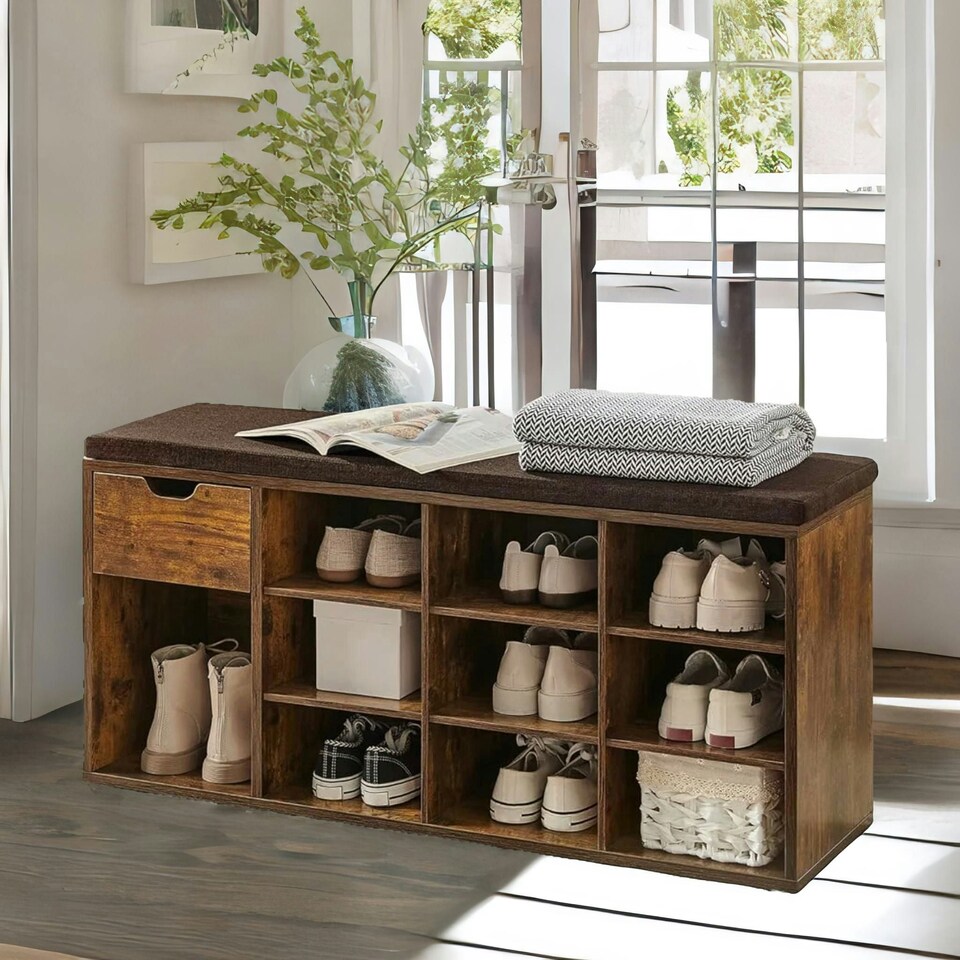 image 1 of 10 Compartment Shoe Storage Bench Industrial Rustic Brown Brown