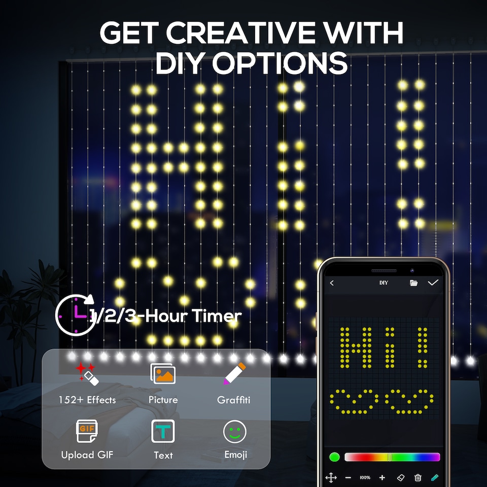 image 1 of HOMCOM LED Curtain Lights, Smart Colour Changing Fairy String Lights with Remote and App, 400 RGBIC LED, Dynamic DIY Hanging, for Bedroom Living Room Wall, 3x3 m