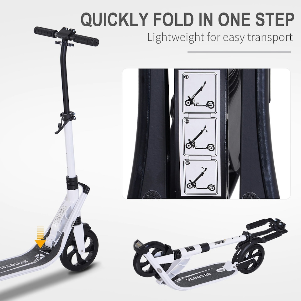image 1 of HOMCOM Folding Kick Scooter Teens Adult Ride On Adjustable 2 Big Wheels White