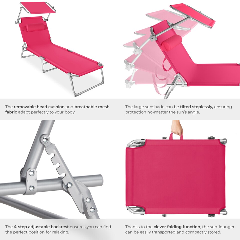 image 1 of Sun Loungers Set of 2 - foldable, sunroof, 4-step backrest, head cushion | Pink | pink | 2
