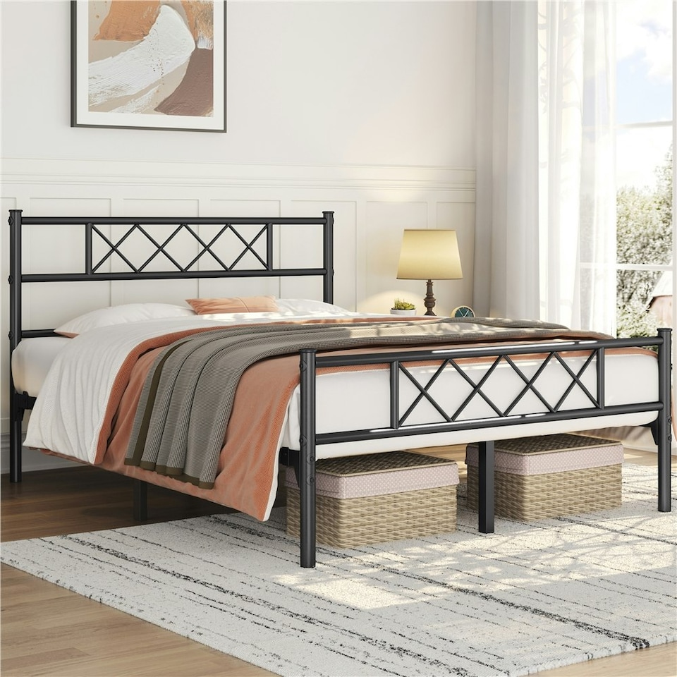 image 1 of Yaheetech 4ft6 Double Metal-Framed Bed Base with Storage Black