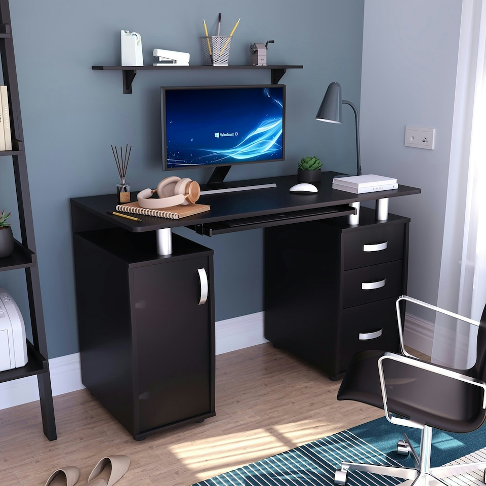 image 1 of Vida Designs Otley 3 Drawer Computer Desk Home Office Workstation, Black