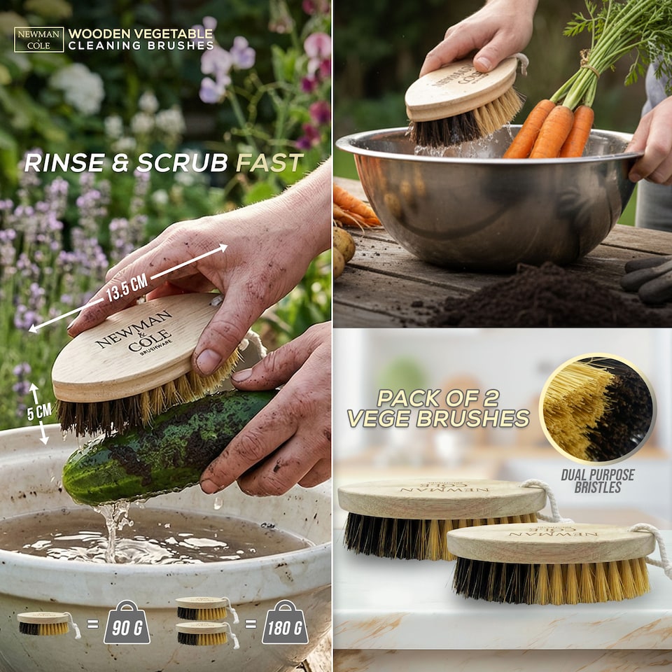 image 1 of Wooden Vegetable Brush Dual-Bristle Fruit & Potato Scrubber - Pack of 2