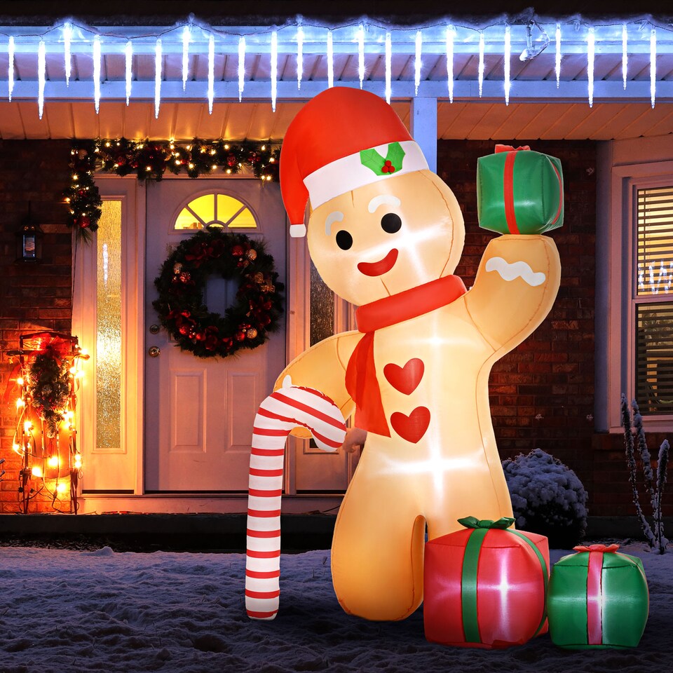 image 1 of Outsunny 8FT Christmas Inflatable Gingerbread Man with Candy Cane and Three Gift Bags, Christmas Blow Up Outdoor LED Display for Garden Party
