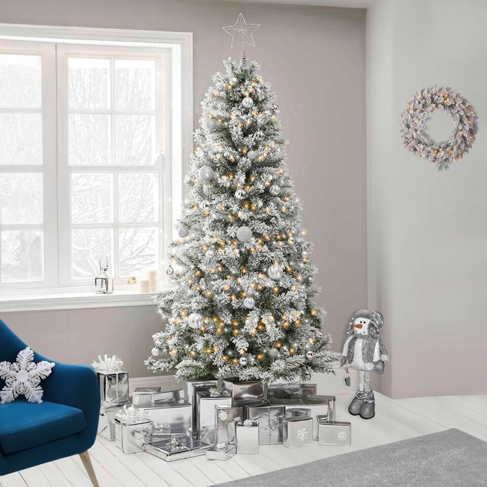 image 1 of 7ft Neo Scandinavian Tips Spruce Fir Artificial Christmas Tree Xmas Realistic Branches Green Natural Branches with Solid Metal Legs (Snow Flocked) | Green