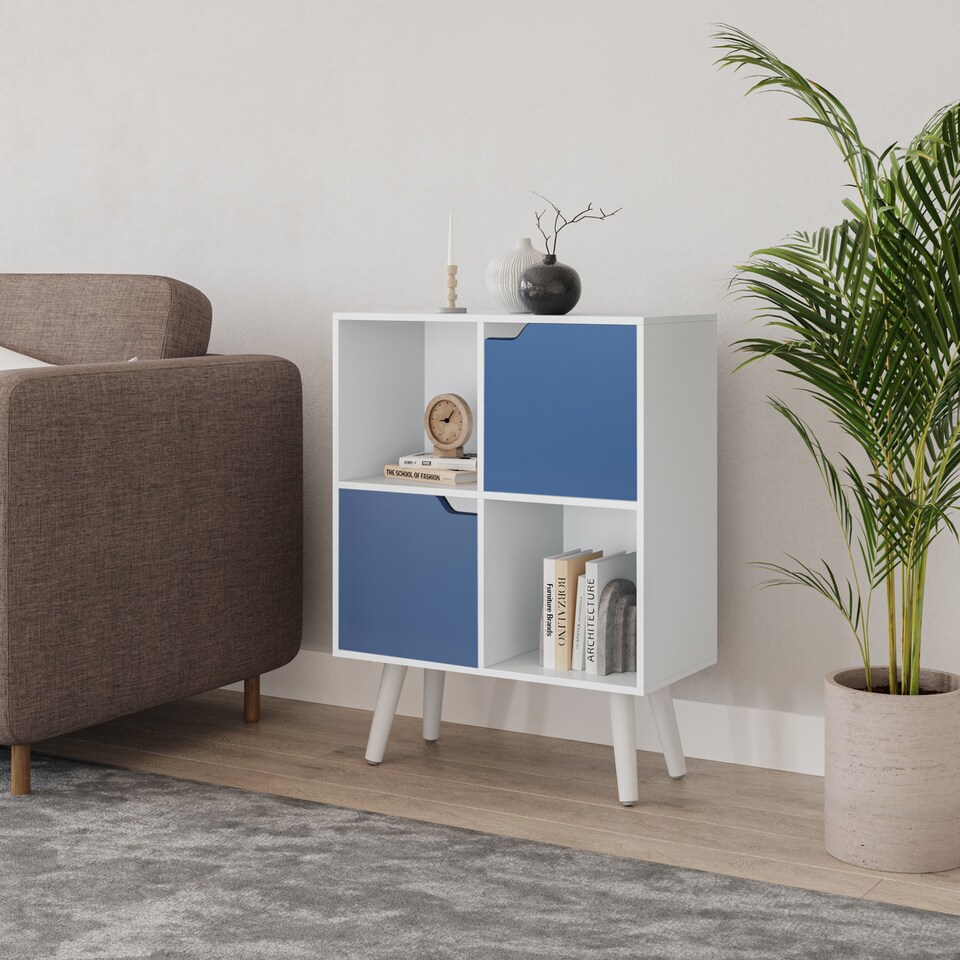 image 1 of White 4-Cube Storage Unit with 2 Wooden Doors and Legs | Blue | Blue & White | 1