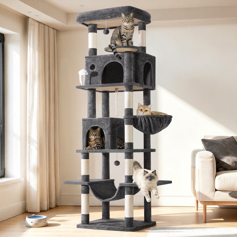image 1 of Yaheetech 210cm Multi-Level Cat Tree with Large Top Perch, 2 Cat Condos, Hammock & Basket, Sisal Scratching Posts, Heavy Duty Cat Tower for Indoor Cats, Dark Grey