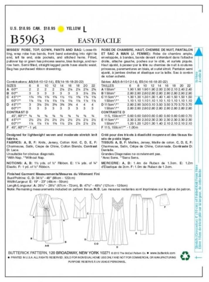 image 1 of Butterick 5963 Paper Sewing Pattern – Women’s Bags, Dresses, Robes, Trousers, Pyjamas & Tops, Easy Bag Making, Dressmaking Pattern, UK Sizes 6–8–10–12–14