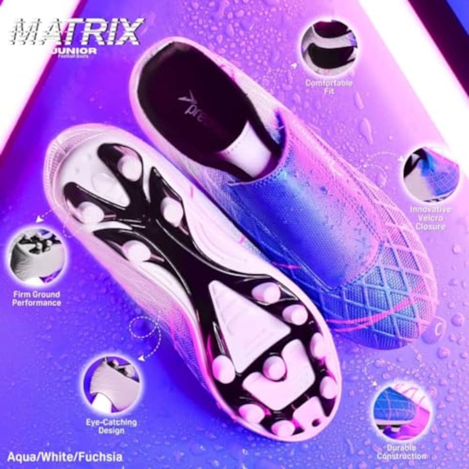image 1 of Precision Matrix Firm Ground Football Boots, Kids Laceless Secure Fit, Comfortable, Durable, Ideal For Junior Footballers, Aqua Blue, Size 10 UK Child