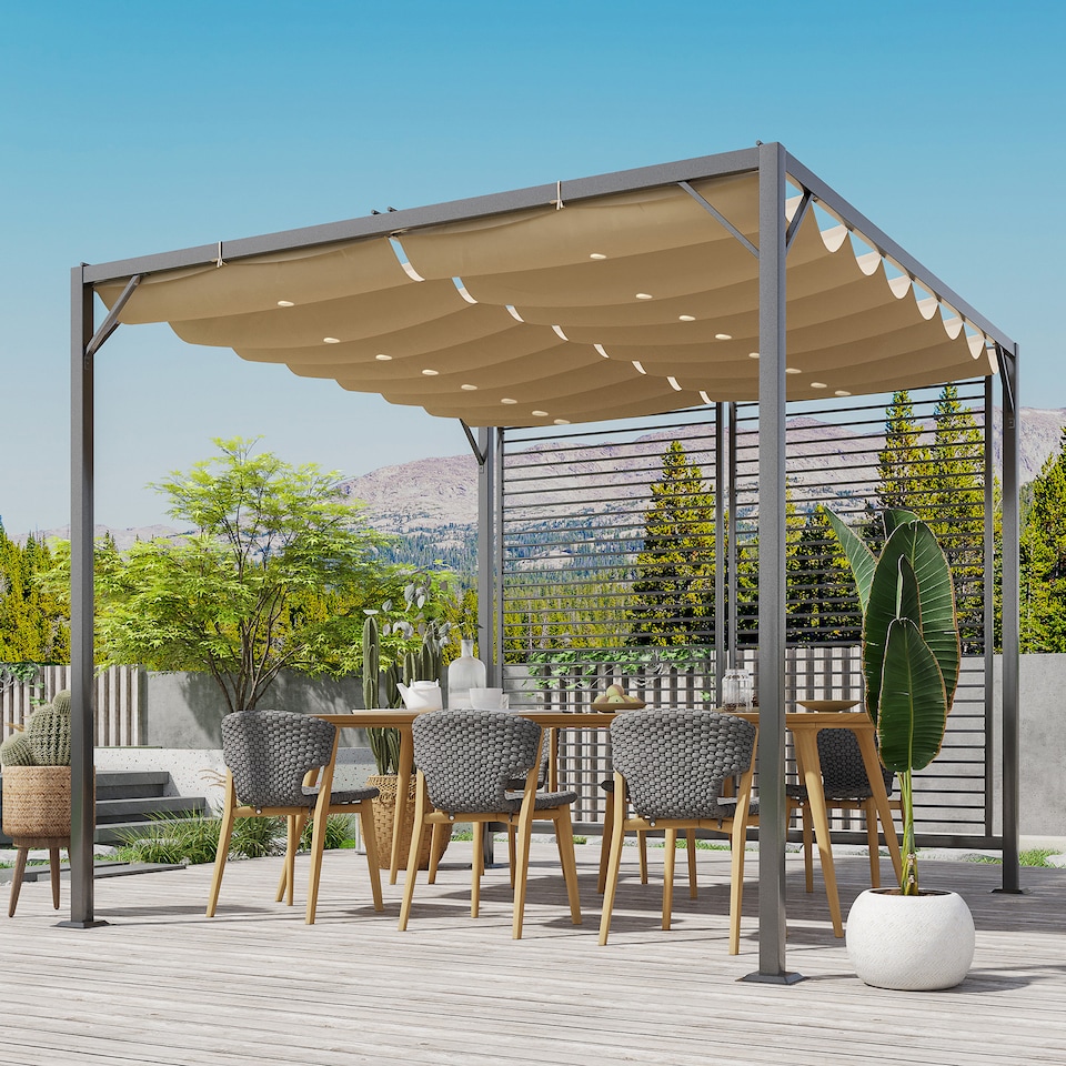 image 1 of Outsunny 2.8 x 3m Metal Outdoor Pergola with Retractable Roof, Outdoor Gazebo Canopy Shelter with Grommet Holes for Garden, Patio, Lawn, Beige