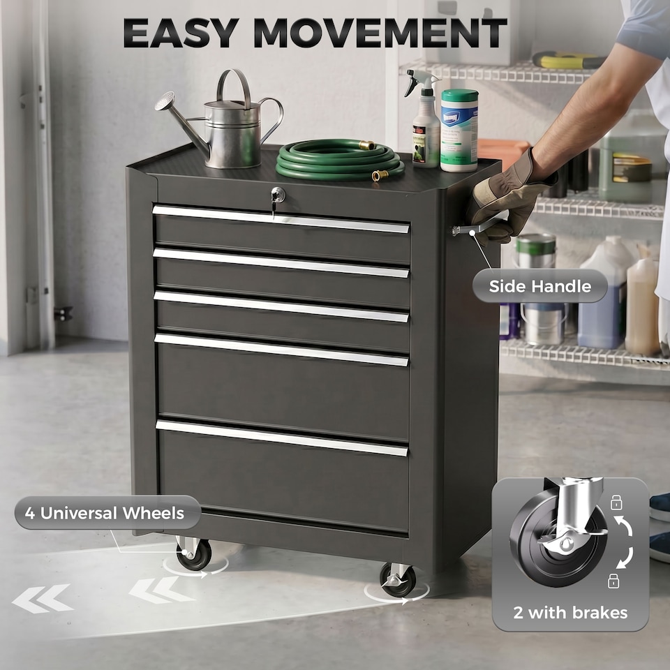 image 1 of HOMCOM 5-Drawer Lockable Steel Tool Storage Cabinet Wheels Handle 2 Keys Black