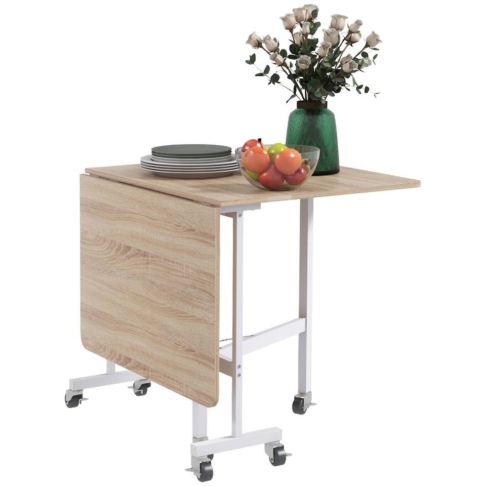 image 1 of HOMCOM Mobile Drop Leaf Table, Folding Dining Table with 6 Wheels & Brakes, Kitchen Table for Small Spaces, Oak