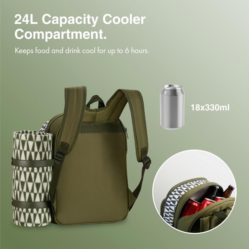 image 1 of VonShef Picnic Backpack, 2 Person Green Geo Insulated Picnic Bag with Dining Set