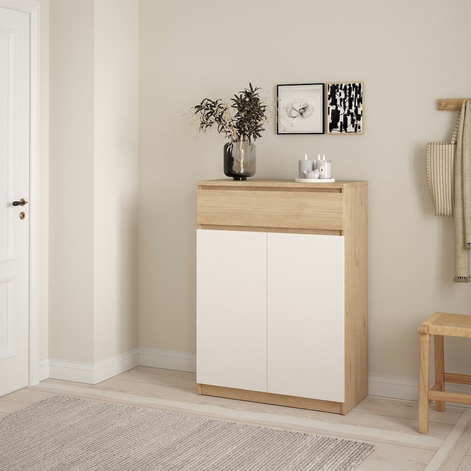 image 1 of Naia Shoe Cabinet with 2 Doors 1 Drawer in Jackson Hickory Oak and White