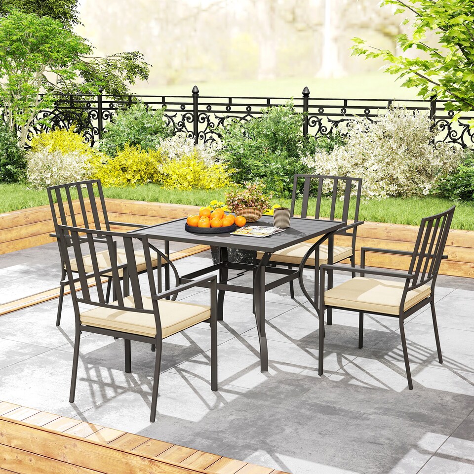 image 1 of Outsunny 5 Pieces Garden Dining Set with Cushions, Outdoor Patio Table and 4 Stackable Chairs, Metal Top Table with Umbrella Hole, Black