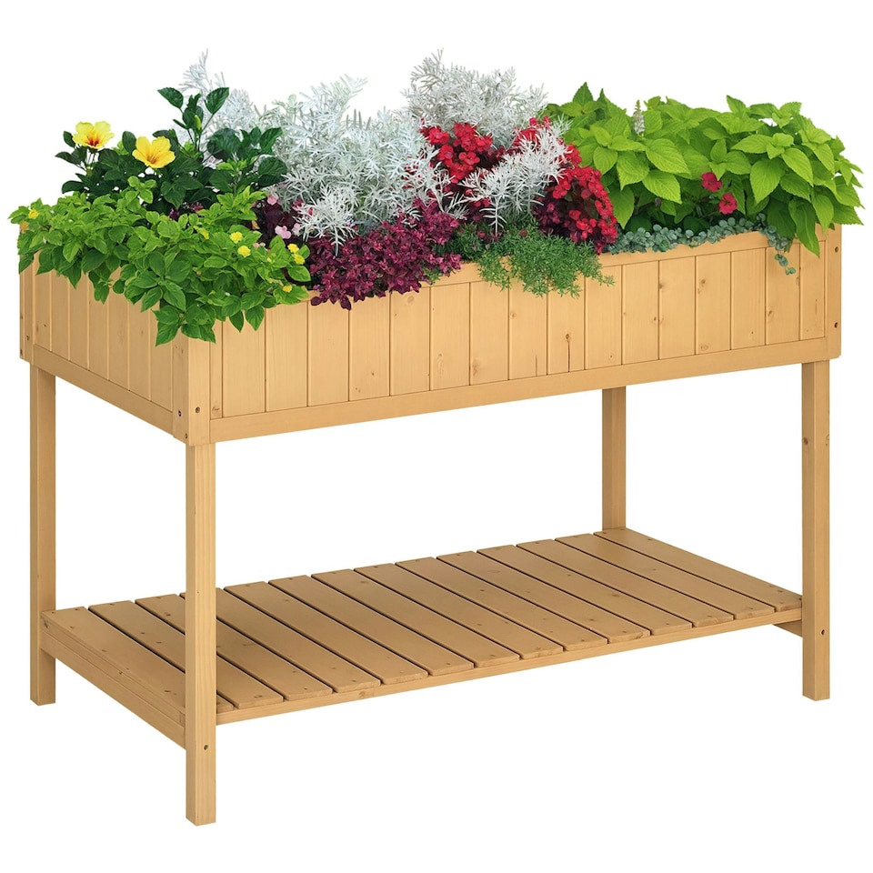 image 1 of Outsunny Wooden Herb Planter Stand 8 Cubes Bottom Shelf Raised Bed Natural