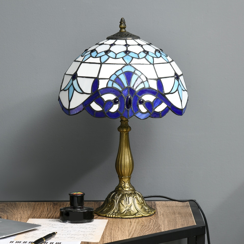 image 1 of HOMCOM Stained Glass Table Lamp, Handmade Antique Bedside Lamp for Bedroom, Living room, Home, Nightstand, Decorative Night Light, Blue