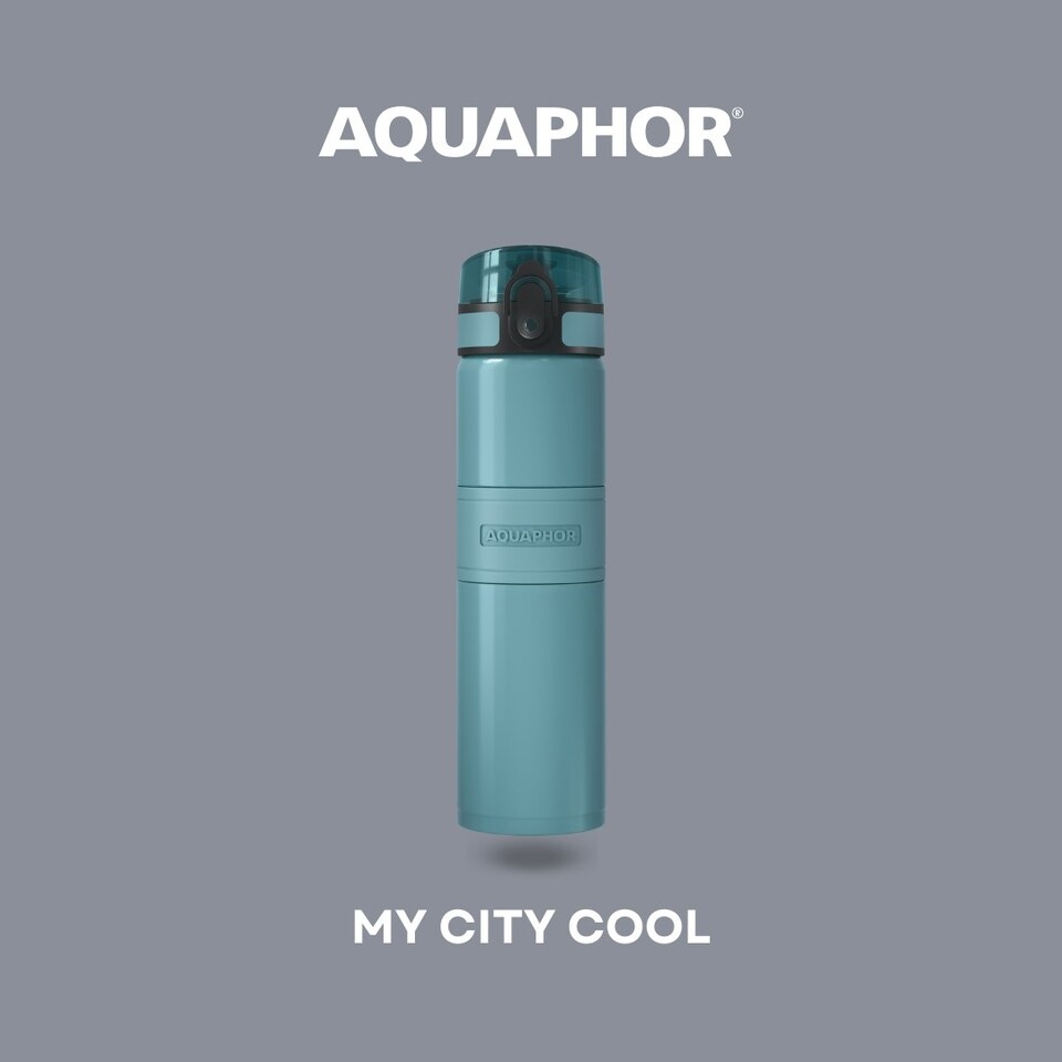 image 1 of AQUAPHOR Double Wall Insulated Stainless Steel City Cool Bottle with City Filter in Fresh Teal