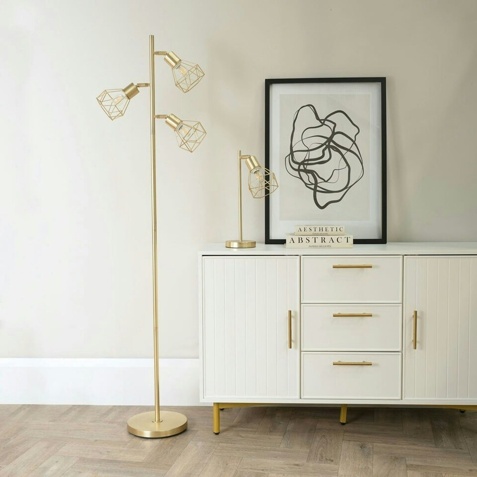 image 1 of ValueLights Angus Adjustable Brushed Gold Metal Geometric Basket Shade Table Lamp