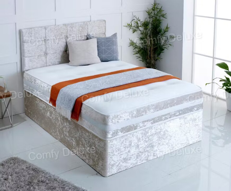 image 1 of 6ft Superking  Cream Crushed Velvet Divan Bed Set Orthopaedic Mattress with Cube Headboard  2 Drawers One Each Side