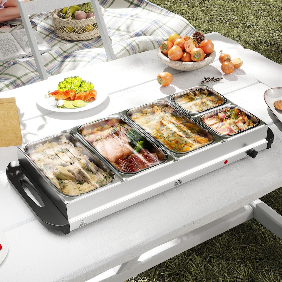 image 1 of HOMCOM Electric Food Warmer 5 Tray, 9.2L Buffet Server with Lids, Silver | Silver | Silver Tone