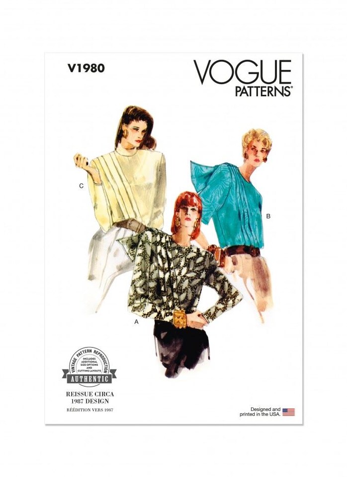 image 1 of Vogue 1980 Paper Sewing Pattern – Women’s Tops & Vintage Style, Size B5 (8–10–12–14–16), Easy