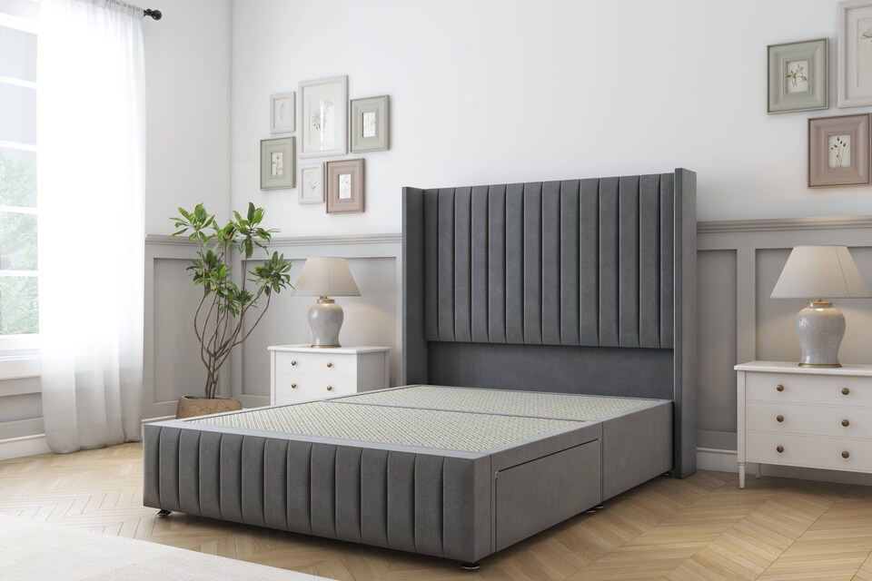 image 1 of Sloomy Marlborough Armour Coniston Divan Bed Base No Drawers With 54 Inch Wingback Headboard & 12 Inch Matching Footboard | Grey | Armour | Small Single | 1