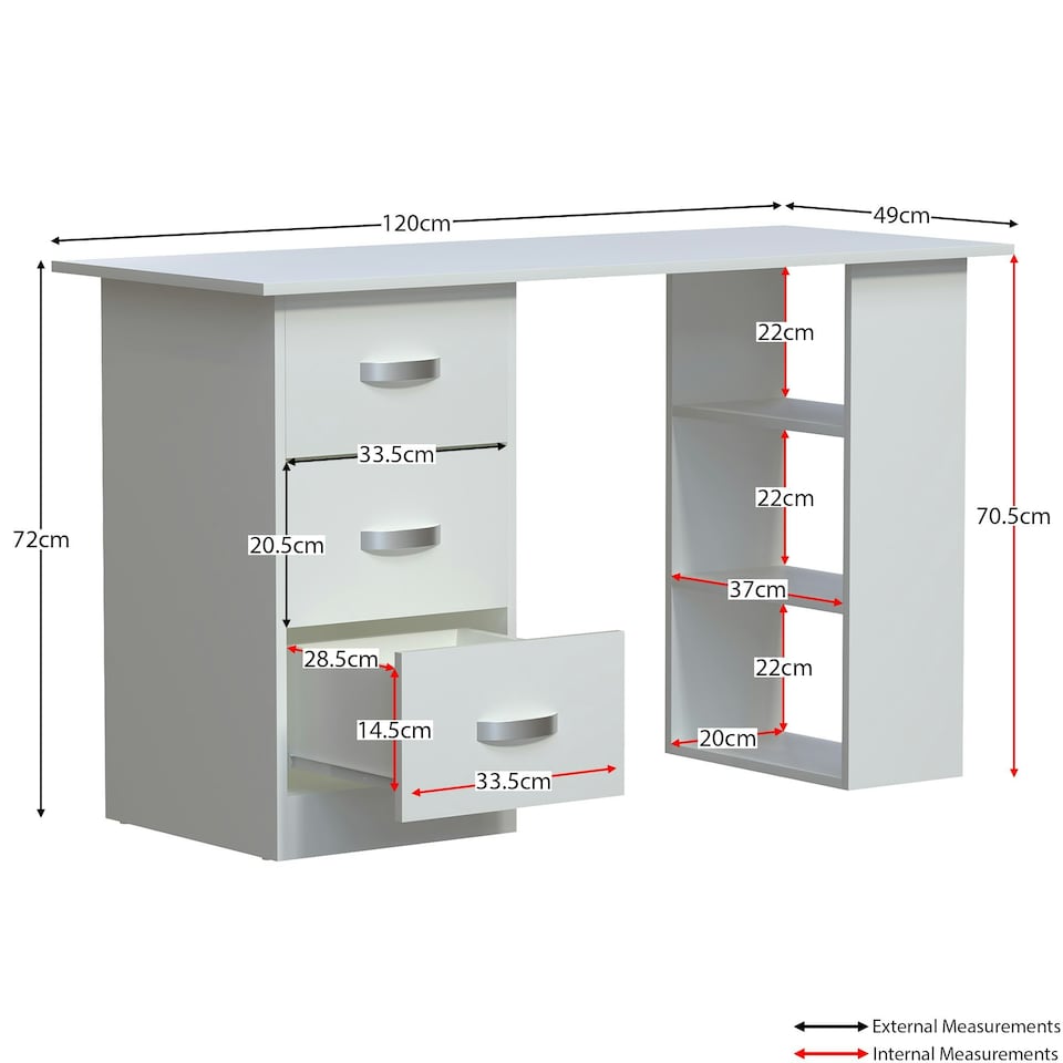 image 1 of Vida Designs Mason 3 Drawer 3 Shelf Computer Desk Home Office Workstation, White