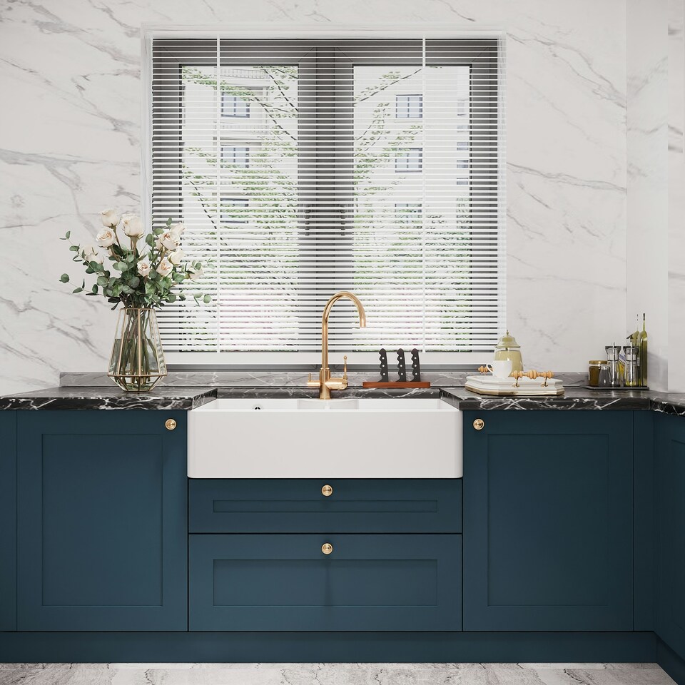 image 1 of 895mm - Two Bowl Fireclay Butler Kitchen Sink -  Stepped Weir, Overflow, ledge & Wastes
