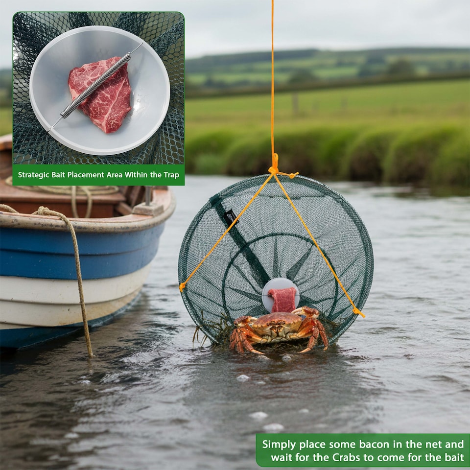 image 1 of 2 x CRAB FISH CRAYFISH LOBSTER DROP NET BAIT CLIP & ROPE SAFE CRABBING BASKET