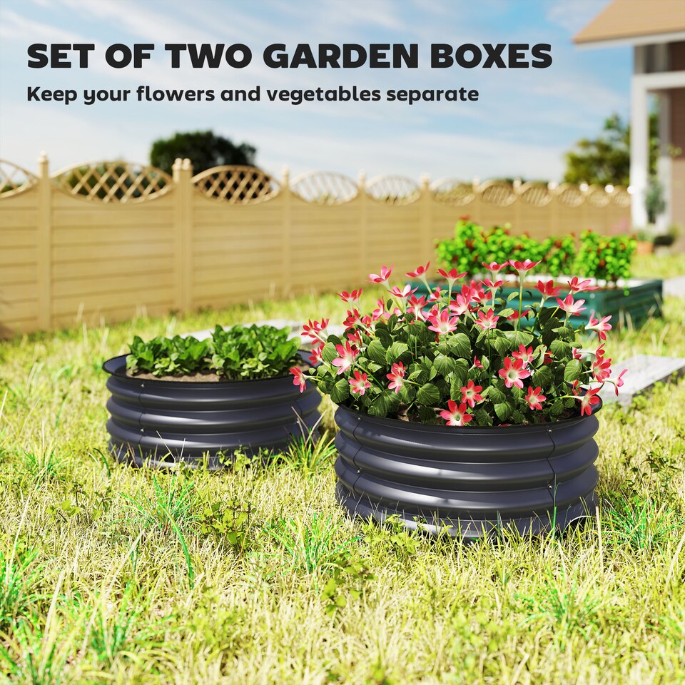 image 1 of Outsunny Set of 2 Raised Garden Bed Metal Planter Box with Safety Edging, Grey