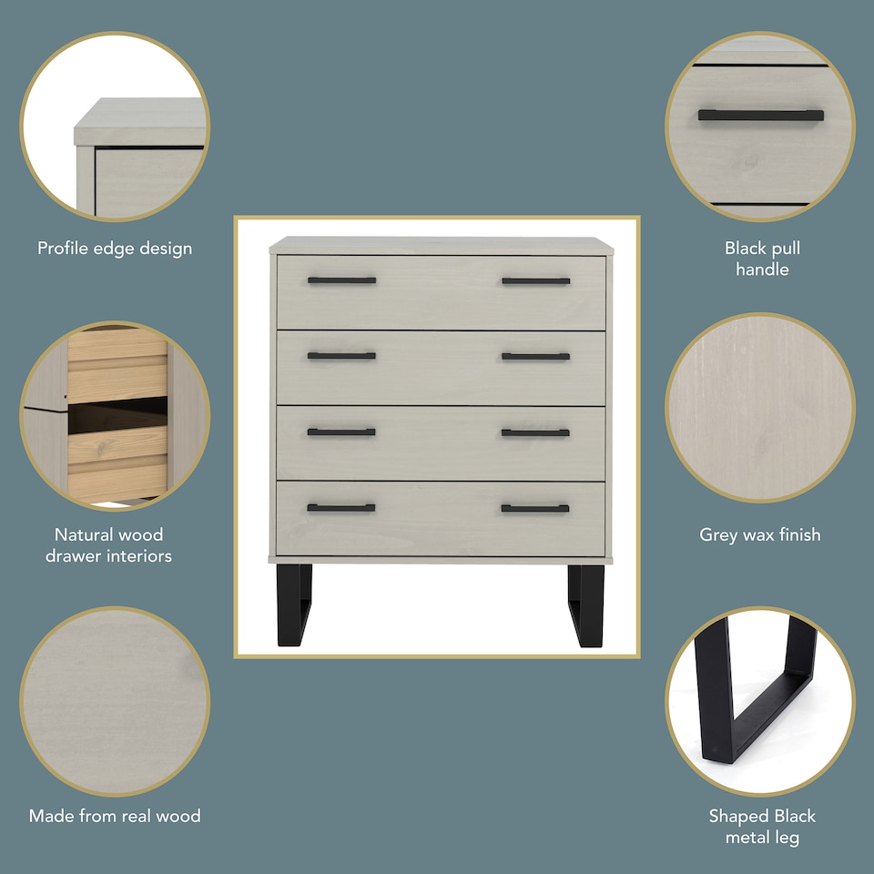 image 1 of Texas 4 Drawer Chest of Drawers - Industrial Style Pine Bedroom Storage Cabinet with Metal Legs | Grey | Grey | 1
