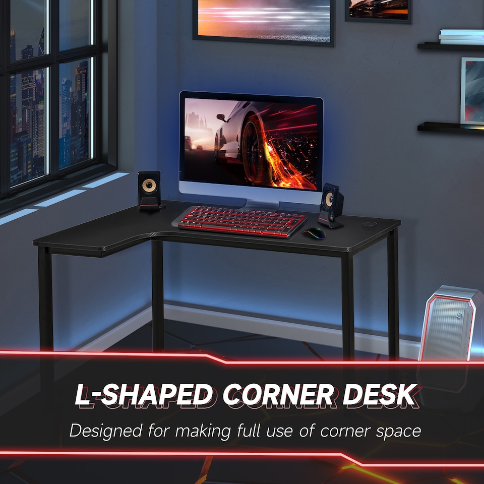 image 1 of HOMCOM L-Shaped Gaming Desk, Computer Corner Desk, Home Office Workstation with Cable Management, 145 x 81 x 76cm, Black, Left