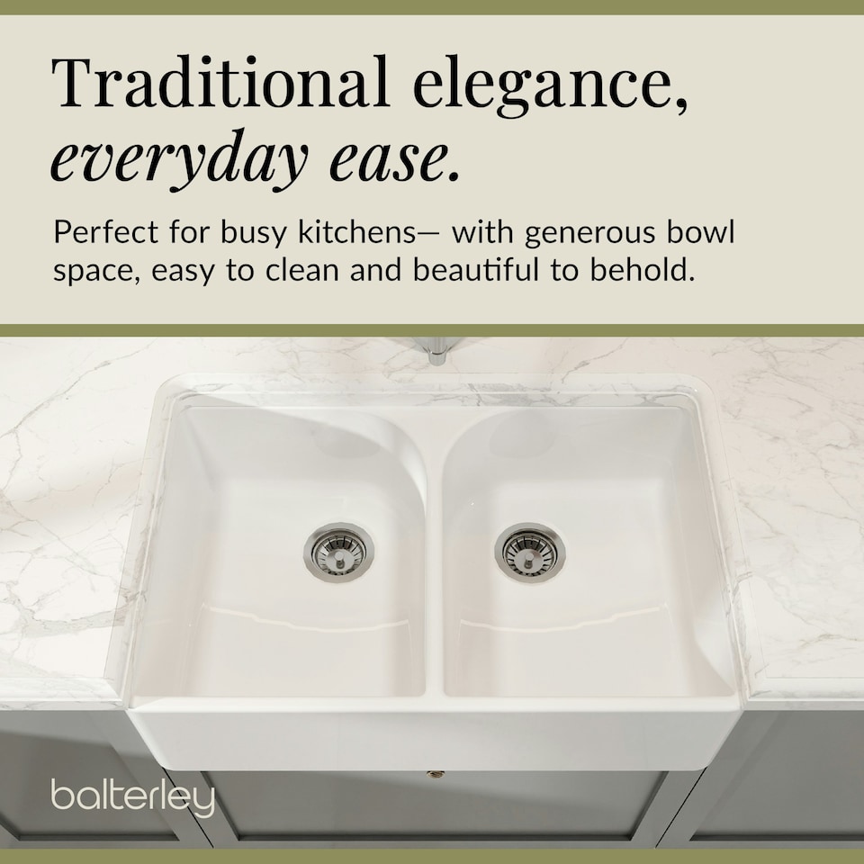 image 1 of 795mm -  2 Bowl Fireclay Butler Kitchen Sink -  Full Weir  & Wastes