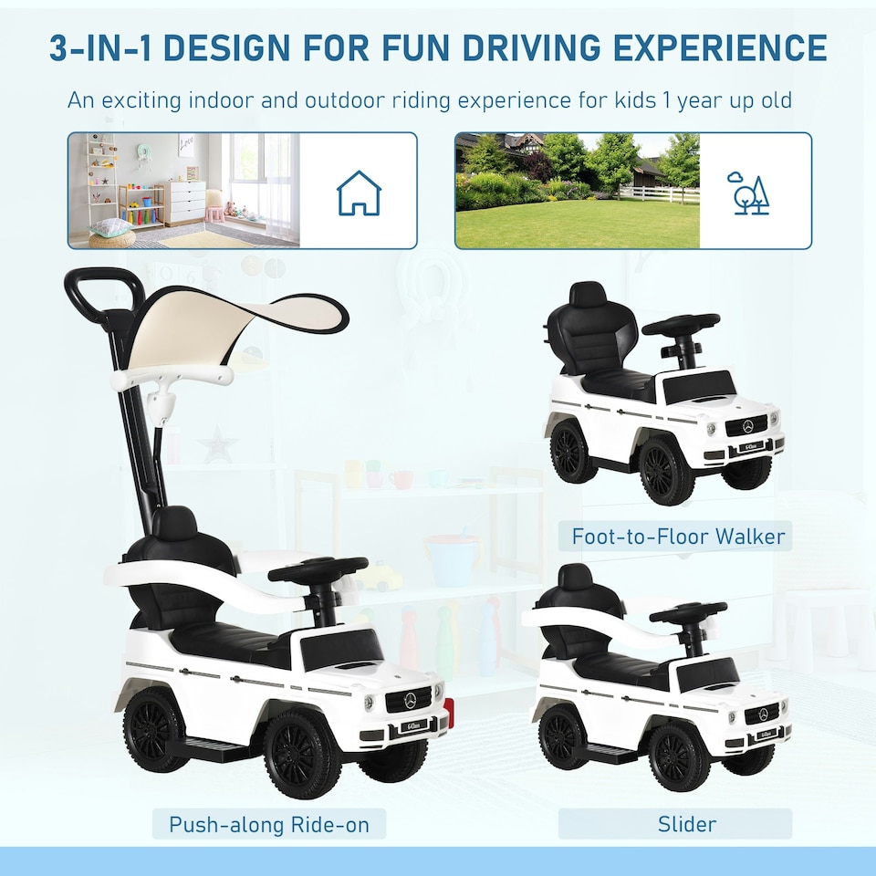 image 1 of HOMCOM Kids Ride-on Push Car 3 in 1 Benz G350 Baby Floor Slider Walker, White