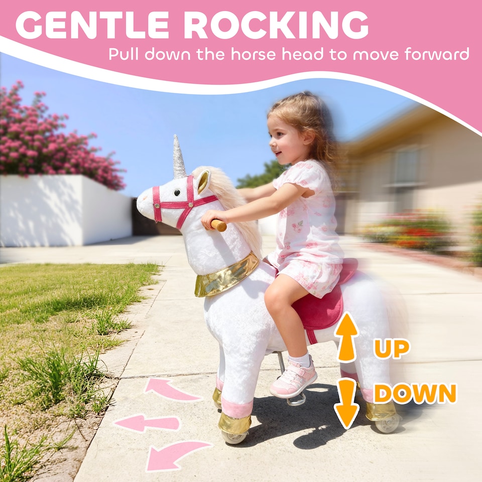 image 1 of AIYAPLAY Kids Rocking Horse, Plush Ride On Unicorn Toy with Wheels, White