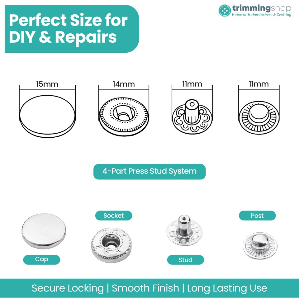 image 1 of 15mm S Spring Press Studs 4-Part, Durable & Lightweight - 100pcs